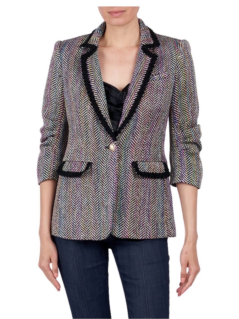 cinq a sept Multicolor Herringbone Blazer with Black Trim